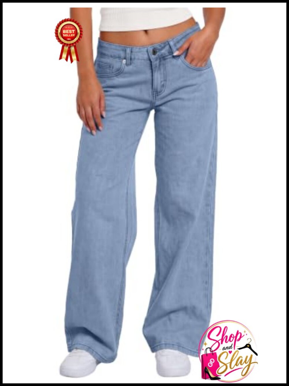 Low Rise Wide Leg Stretchy Jeans Loose Fit 5-Pocket Denim Pants